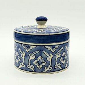 Hand-Painted Blue & White Floral Ceramic Jar With Lid
